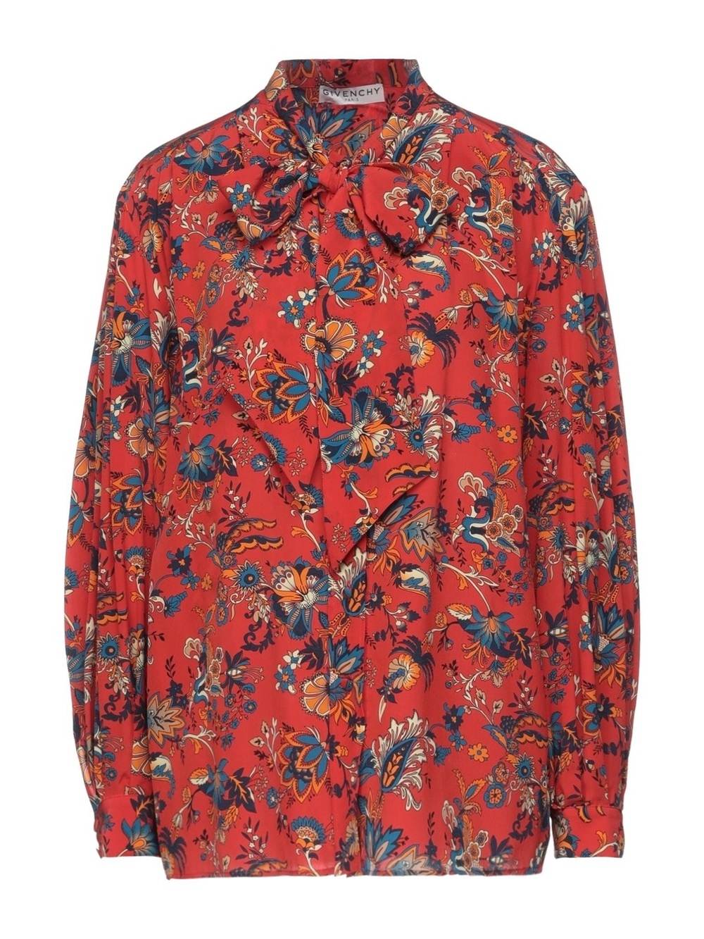 Givenchy red floral-print silk crepe bow blouse size 34